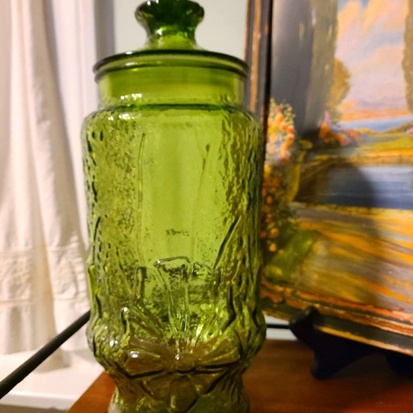 Vintage olive army green glass apothecary jar